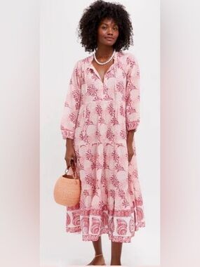 Tuckernuck Nautilus Print Long Sleeve Salty Paloma Caftan Boho Dress Pink XS NWT